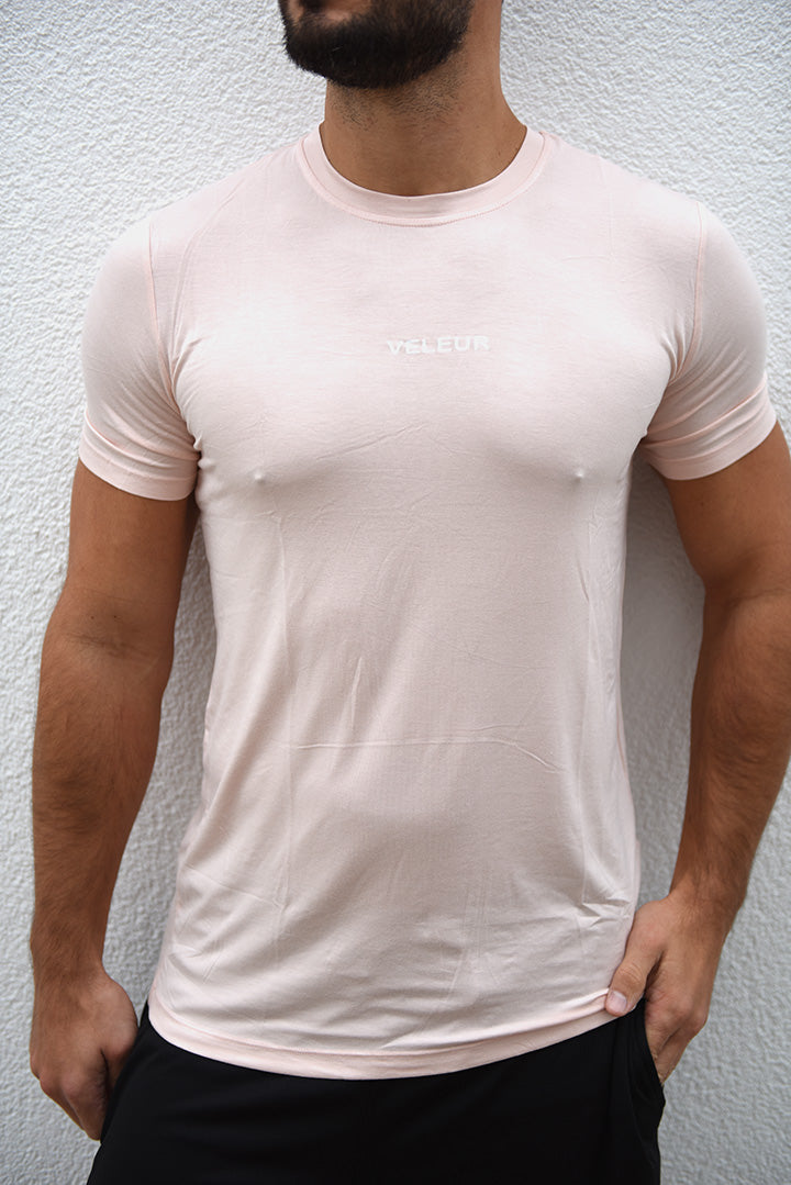 Veleur Bamboocare T-Shirt für Herren, atmungsaktives Bambusmaterial, elastisch mit 5% Spandex, erhältlich in Grau, Schwarz und Zartrosa.