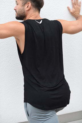 Veleur Bambooflex Tank T-Shirt, ärmelloses Design aus 95% Bambus und 5% Spandex, in Schwarz, atmungsaktiv und elastisch für Workouts und Freizeit.