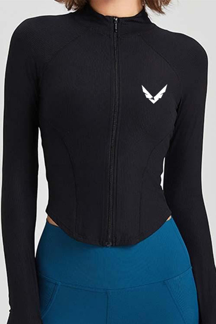 Veleur Contour Jacket für Damen, gerippte Struktur, schmeichelhafte Passform, mit Reißverschluss und Daumenlöchern, ideal für Workouts und kühle Tage.