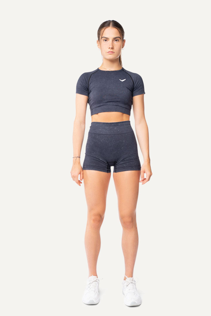 Veleur Faded Kurzarm Top für Damen, figurbetont mit leichtem washed-out-Look, atmungsaktiv und ideal für Gym und Freizeit