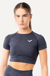 Veleur Faded Kurzarm Top für Damen, figurbetont mit leichtem washed-out-Look, atmungsaktiv und ideal für Gym und Freizeit