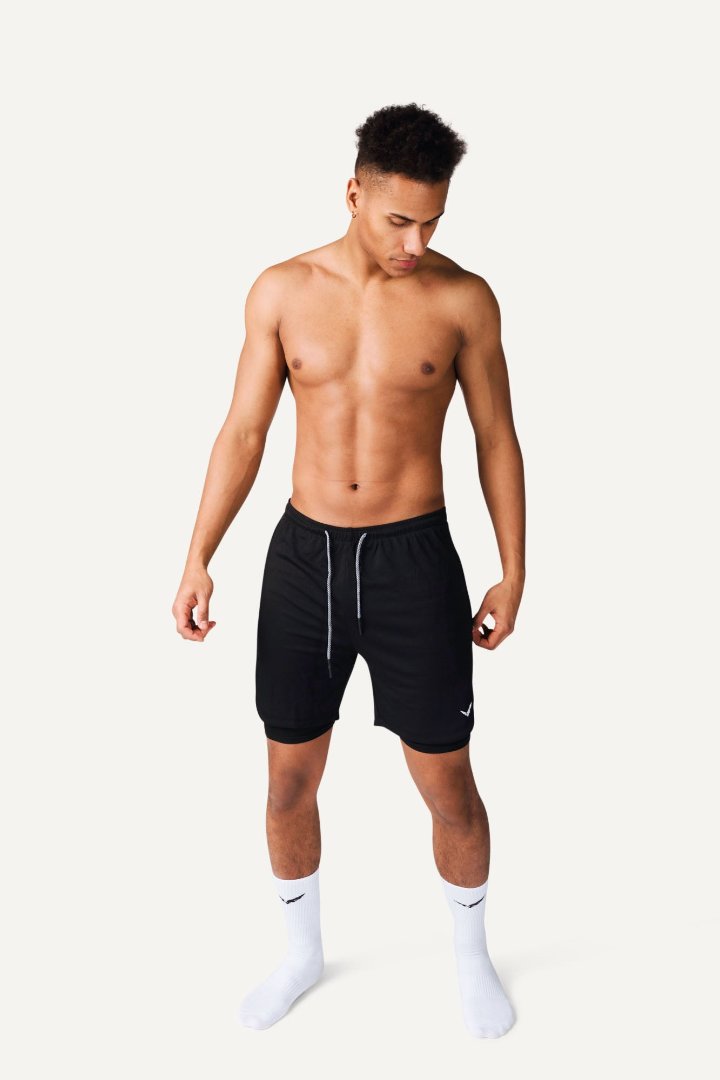 Veleur Limitless 2-in-1 Shorts für Herren, mit Dry Tech Compression Layer, Handy-Innentasche und drei Reißverschlusstaschen, ideal für Workouts