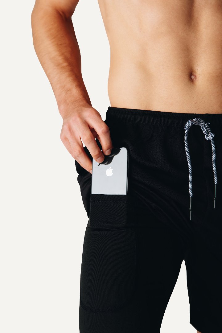 Veleur Limitless 2-in-1 Shorts für Herren, mit Dry Tech Compression Layer, Handy-Innentasche und drei Reißverschlusstaschen, ideal für Workouts